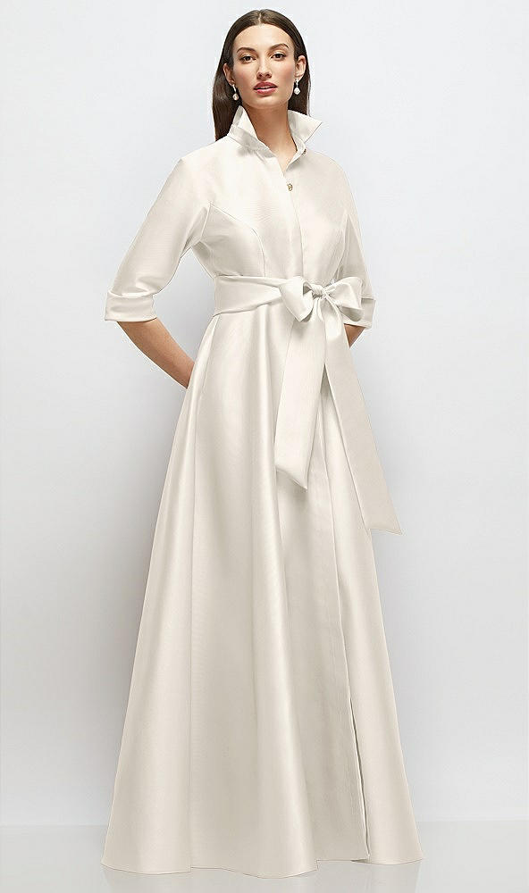 Front View - Ivory 3/4 Sleeve Satin Shirt Dress Gown with Sash and Jeweled Buttons