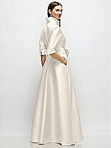 Rear View Thumbnail - Ivory 3/4 Sleeve Satin Shirt Dress Gown with Sash and Jeweled Buttons