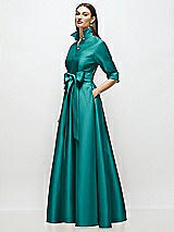 Side View Thumbnail - Jade 3/4 Sleeve Satin Shirt Dress Gown with Sash and Jeweled Buttons