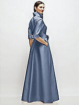 Rear View Thumbnail - Larkspur Blue 3/4 Sleeve Satin Shirt Dress Gown with Sash and Jeweled Buttons