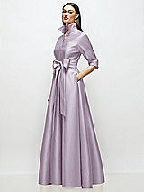 Side View Thumbnail - Lilac Haze 3/4 Sleeve Satin Shirt Dress Gown with Sash and Jeweled Buttons