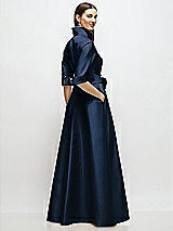 Rear View Thumbnail - Midnight Navy 3/4 Sleeve Satin Shirt Dress Gown with Sash and Jeweled Buttons