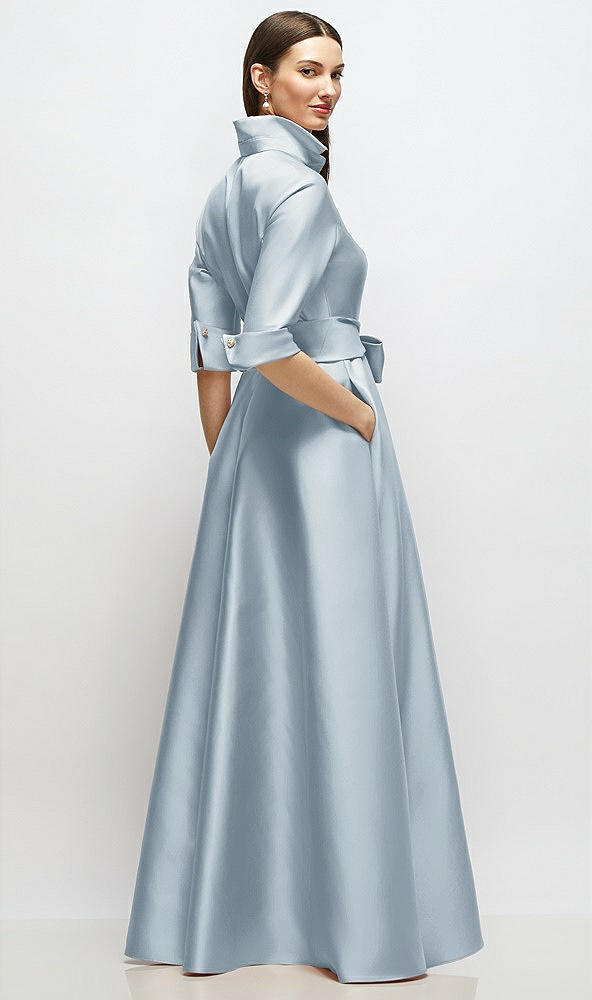 Back View - Mist 3/4 Sleeve Satin Shirt Dress Gown with Sash and Jeweled Buttons