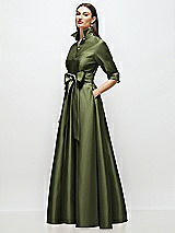 Side View Thumbnail - Olive Green 3/4 Sleeve Satin Shirt Dress Gown with Sash and Jeweled Buttons