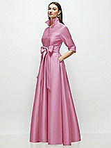 Side View Thumbnail - Powder Pink 3/4 Sleeve Satin Shirt Dress Gown with Sash and Jeweled Buttons