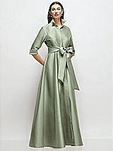 Front View Thumbnail - Sage 3/4 Sleeve Satin Shirt Dress Gown with Sash and Jeweled Buttons