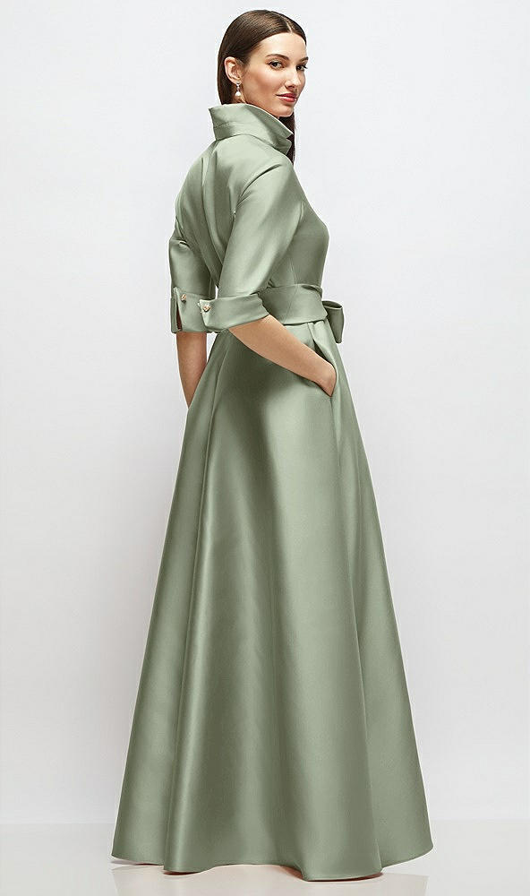 Back View - Sage 3/4 Sleeve Satin Shirt Dress Gown with Sash and Jeweled Buttons