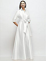 Front View Thumbnail - White 3/4 Sleeve Satin Shirt Dress Gown with Sash and Jeweled Buttons