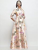 Front View Thumbnail - Butterfly Botanica Pink Sand 3/4 Sleeve Floral Satin Shirt Dress Gown with Sash and Jeweled Buttons