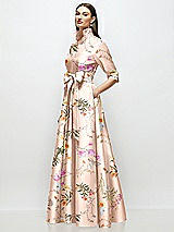 Side View Thumbnail - Butterfly Botanica Pink Sand 3/4 Sleeve Floral Satin Shirt Dress Gown with Sash and Jeweled Buttons