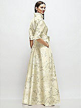 Rear View Thumbnail - Butter Yellow Floral 3/4 Sleeve Floral Satin Shirt Dress Gown with Sash and Jeweled Buttons