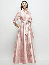 Front View Thumbnail - Bow And Blossom Print 3/4 Sleeve Floral Satin Shirt Dress Gown with Sash and Jeweled Buttons