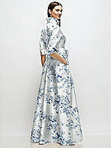 Rear View Thumbnail - Cottage Rose Larkspur 3/4 Sleeve Floral Satin Shirt Dress Gown with Sash and Jeweled Buttons