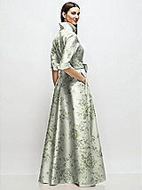 Rear View Thumbnail - Sage Cottage Rose 3/4 Sleeve Floral Satin Shirt Dress Gown with Sash and Jeweled Buttons