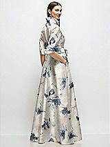 Rear View Thumbnail - Inkwash Blue Floral 3/4 Sleeve Floral Satin Shirt Dress Gown with Sash and Jeweled Buttons