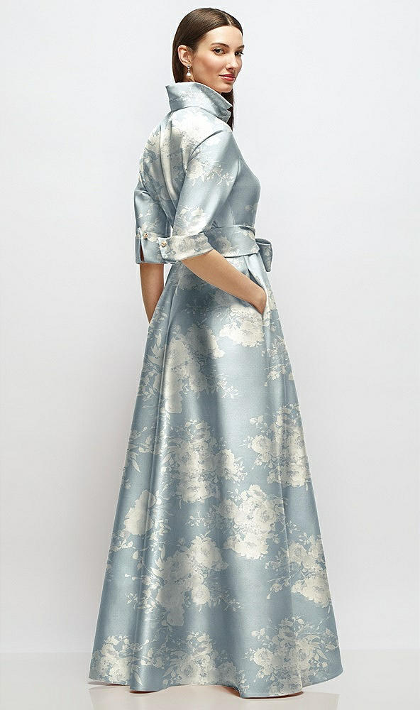 Back View - Porcelain Blue Seraphina Floral 3/4 Sleeve Floral Satin Shirt Dress Gown with Sash and Jeweled Buttons