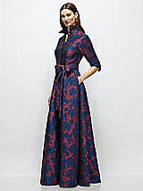 Side View Thumbnail - Burgundy Midnight Floral Heritage Floral Jacquard Shirt Dress Gown with Sash and Jeweled Buttons