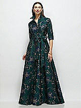 Front View Thumbnail - Evergreen Floral Oscar Metallic Floral Jacquard Shirt Dress Gown with Sash and Jeweled Buttons