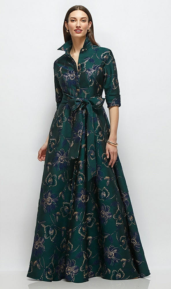 Front View - Evergreen Floral Oscar Metallic Floral Jacquard Shirt Dress Gown with Sash and Jeweled Buttons