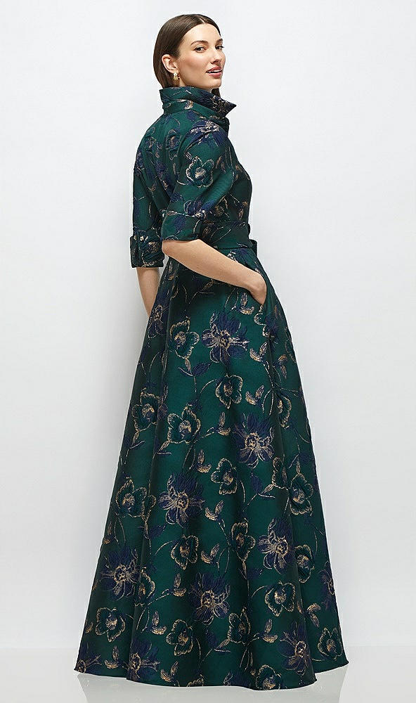 Back View - Evergreen Floral Oscar Metallic Floral Jacquard Shirt Dress Gown with Sash and Jeweled Buttons