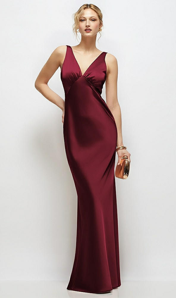 Front View - Cabernet Sleeveless V-Neck Stretch Satin Bias Slip Maxi Dress