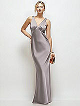 Front View Thumbnail - Cashmere Gray Sleeveless V-Neck Stretch Satin Bias Slip Maxi Dress