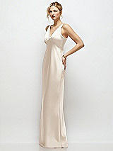 Side View Thumbnail - Oat Sleeveless V-Neck Stretch Satin Bias Slip Maxi Dress