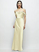 Front View Thumbnail - Butter Yellow Basque-Neck A-Line Stretch Satin Maxi Dress with Off-the-Shoulder Drape