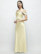 Side View Thumbnail - Butter Yellow Basque-Neck A-Line Stretch Satin Maxi Dress with Off-the-Shoulder Drape