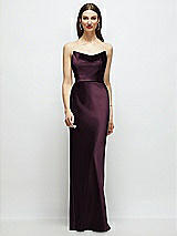 Alt View 1 Thumbnail - Deep Plum Basque-Neck A-Line Stretch Satin Maxi Dress with Off-the-Shoulder Drape