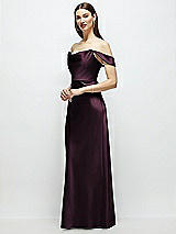 Side View Thumbnail - Deep Plum Basque-Neck A-Line Stretch Satin Maxi Dress with Off-the-Shoulder Drape