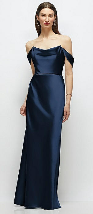 Basque-Neck A-Line Stretch Satin Maxi Dress with Off-the-Shoulder Drape