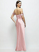 Rear View Thumbnail - Ballet Pink Basque-Neck A-Line Stretch Satin Maxi Dress with Off-the-Shoulder Drape
