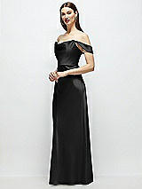 Side View Thumbnail - Black Basque-Neck A-Line Stretch Satin Maxi Dress with Off-the-Shoulder Drape