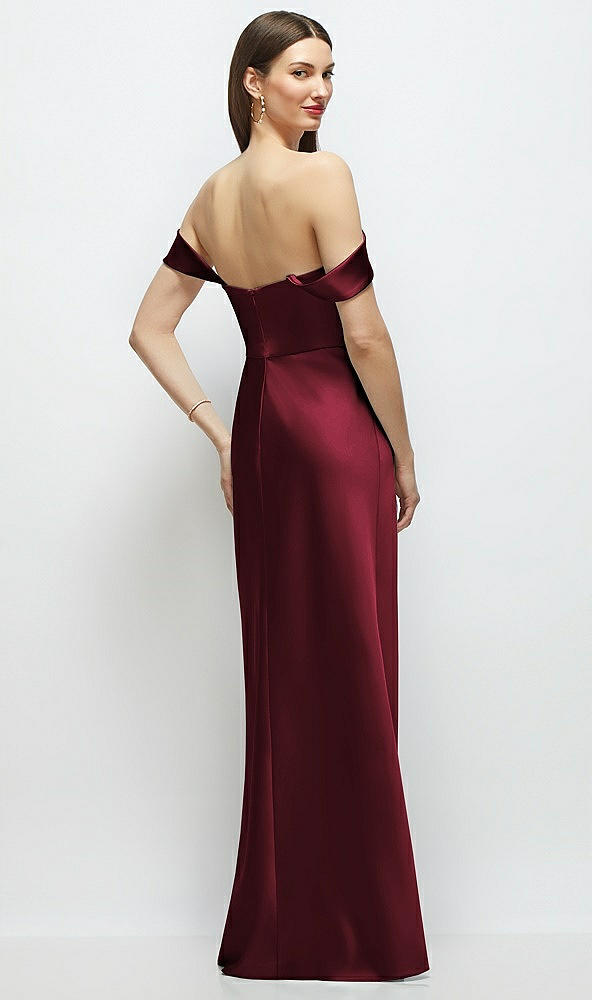 Back View - Cabernet Basque-Neck A-Line Stretch Satin Maxi Dress with Off-the-Shoulder Drape