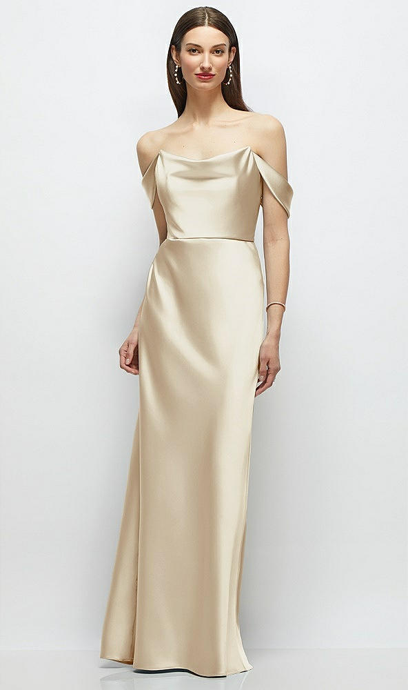 Front View - Champagne Basque-Neck A-Line Stretch Satin Maxi Dress with Off-the-Shoulder Drape