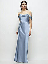 Front View Thumbnail - Cloudy Basque-Neck A-Line Stretch Satin Maxi Dress with Off-the-Shoulder Drape