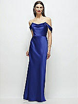 Front View Thumbnail - Cobalt Blue Basque-Neck A-Line Stretch Satin Maxi Dress with Off-the-Shoulder Drape