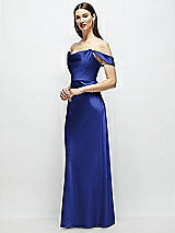 Side View Thumbnail - Cobalt Blue Basque-Neck A-Line Stretch Satin Maxi Dress with Off-the-Shoulder Drape