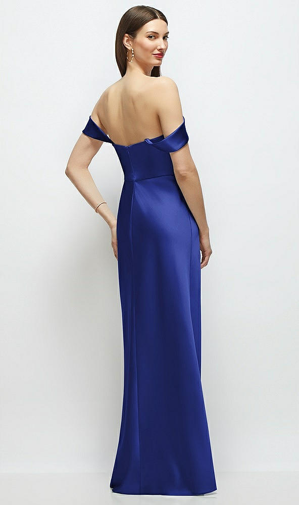 Back View - Cobalt Blue Basque-Neck A-Line Stretch Satin Maxi Dress with Off-the-Shoulder Drape