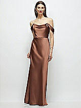 Front View Thumbnail - Cognac Basque-Neck A-Line Stretch Satin Maxi Dress with Off-the-Shoulder Drape