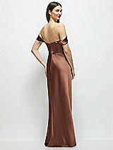 Rear View Thumbnail - Cognac Basque-Neck A-Line Stretch Satin Maxi Dress with Off-the-Shoulder Drape