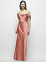 Front View Thumbnail - Desert Rose Basque-Neck A-Line Stretch Satin Maxi Dress with Off-the-Shoulder Drape