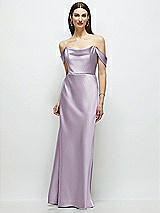 Front View Thumbnail - Lilac Haze Basque-Neck A-Line Stretch Satin Maxi Dress with Off-the-Shoulder Drape
