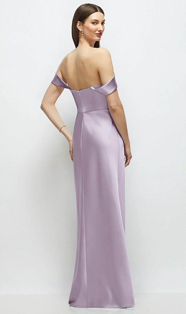 Back View - Lilac Haze Basque-Neck A-Line Stretch Satin Maxi Dress with Off-the-Shoulder Drape