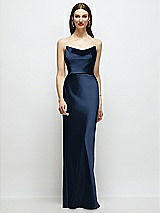 Alt View 1 Thumbnail - Midnight Navy Basque-Neck A-Line Stretch Satin Maxi Dress with Off-the-Shoulder Drape