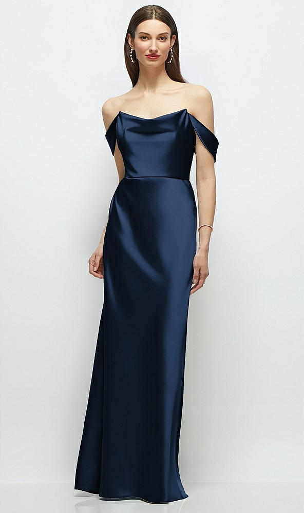 Front View - Midnight Navy Basque-Neck A-Line Stretch Satin Maxi Dress with Off-the-Shoulder Drape