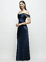 Side View Thumbnail - Midnight Navy Basque-Neck A-Line Stretch Satin Maxi Dress with Off-the-Shoulder Drape