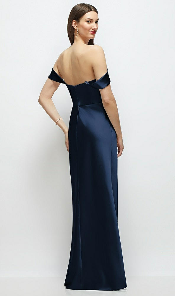 Back View - Midnight Navy Basque-Neck A-Line Stretch Satin Maxi Dress with Off-the-Shoulder Drape