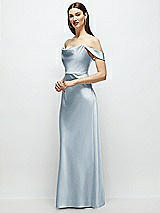 Side View Thumbnail - Mist Basque-Neck A-Line Stretch Satin Maxi Dress with Off-the-Shoulder Drape